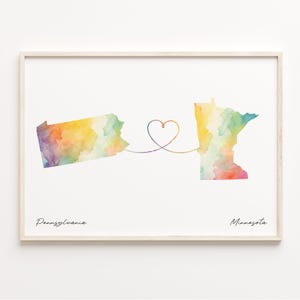 Pennsylvania naar Minnesota print, aquarel kaart poster, Minnesotan cadeau, reizen kunst aan de muur, nieuw land, C23-1426