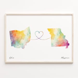 Ohio to Missouri Print, Watercolor Map Poster, Missourian Gift, Travel Wall Art, Emigration, C23-1531