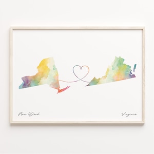 New York to Virginia Druck, Aquarell Karte Poster, Virginian Geschenk, Reise Wandkunst, Haus im Ausland Geschenk, C23-1397