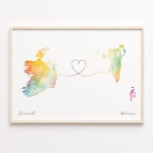 Ireland to Bahrain Print, Watercolor Map Poster, Bahraini Gift, Travel Wall Art, Global Love Map, C23-1008