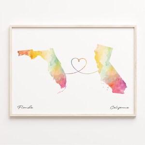 Print Florida naar Californië, aquarel kaart poster, Californisch cadeau, reizen muurkunst, wereldwijde liefde, C23-1303