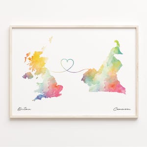 Großbritannien Kamerun Druck, Aquarell Karte Poster, Kamerun Geschenk, Vereinigtes Königreich Wandkunst, Far Apart Geschenk, C23-230