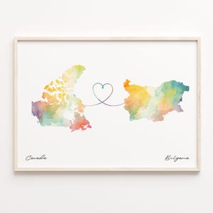 Kanada Bulgarien Druck, Aquarell Karte Poster, Bulgarisch Geschenk, Reisewandkunst, Überseekarte, Love Map, C23-624