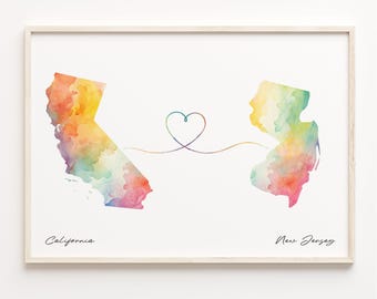 California to New Jersey Watercolor Map Print: Long Distance Gift