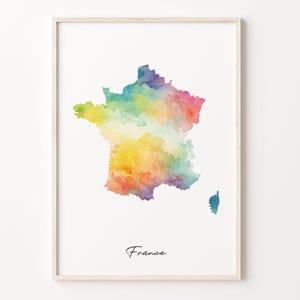 Frankreich Aquarell Karte Druck, Lebhaftes Französisches Kunstplakat, FR Bunte Landkarte, Bunte Karte, C26-61