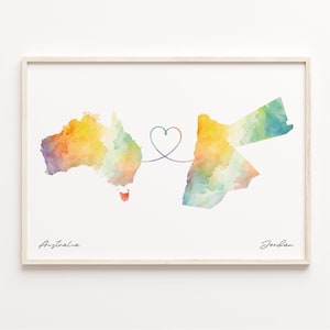 Australia to Jordan Print, Watercolor Map Poster, Jersey Gift, Travel Wall Art, Moving Abroad Map, C23-888