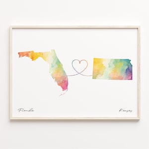 Print van Florida naar Kansas, aquarel kaart poster, Kansan cadeau, reizen muurkunst, overzeese liefde, C23-1315