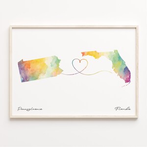 Pennsylvania naar Florida print, aquarel kaart poster, Florida cadeau, reizen muurkunst, verre liefde cadeau, C23-1412