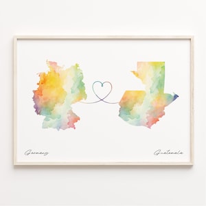 Impresión de Alemania a Guatemala, póster de mapa en acuarela, regalo de Guam, arte mural de viaje, regalo voluntario, C23-470