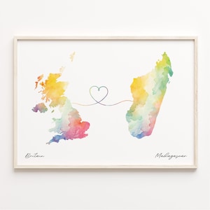 UK to Madagascar Print, Aquarell Karte Poster, Madagaskar Geschenk, Vereinigtes Königreich Wandkunst, Heimat im Ausland, C23-309