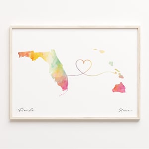 Print Florida naar Hawaï, aquarel kaart poster, Hawaiiaans cadeau, reizen muurkunst, hart cadeau landen, C23-1310