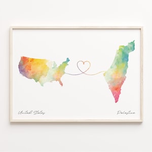 US to Palestine Druck, Aquarell Karte Poster, palästinensische Geschenk, US Wandkunst, neues Land Geschenk, C23-140