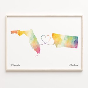 Florida naar Montana print, aquarel kaart poster, Montanan cadeau, reizen kunst aan de muur, nieuw huis cadeau, C23-1325