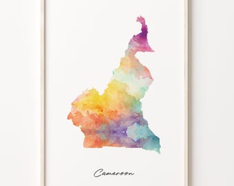 Cameroon Watercolor Map Print, Vibrant Cameroonian Art Poster, CM Colorful Country Wall Art, Rainbow poster, C26-31