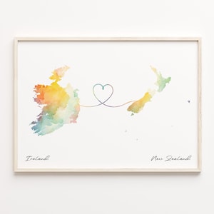 Print Ierland naar Nieuw-Zeeland, aquarel kaart poster, Nieuw-Caledonië cadeau, reizen kunst aan de muur, nieuw huis, C23-1126