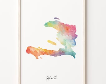 Haiti Watercolor Map Print, Vibrant Haitian Art Poster, HT Colorful Country Wall Art, Wanterlust Art, C26-77