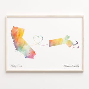 California to Massachusetts Print, Watercolor Map Poster, Massachusettsan Gift, Travel Wall Art, Faraway Love Gift, C23-1214