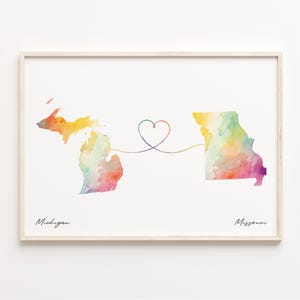 Michigan to Missouri Print, Watercolor Map Poster, Missourian Gift, Travel Wall Art, New Home Gift, C23-1687