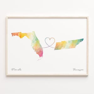 Florida to Tennessee Druck, Aquarell Karte Poster, Tennessee Geschenk, Reise Wandkunst, Expat, C23-1342