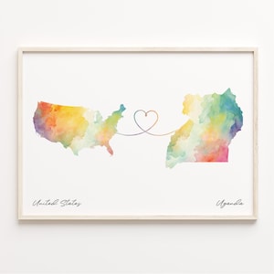 US to Uganda Print, Watercolor Map Poster, Ugandan Gift, US Wall Art, Dual Citizenship, C23-187