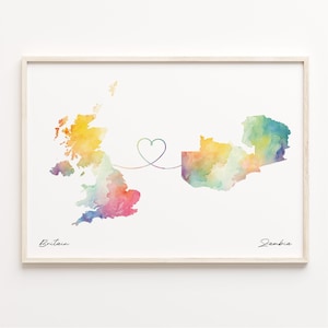 UK to Zambia Print, Watercolor Map Poster, Zambian Gift, United Kingdom Wall Art, Travel Abroad, C23-397