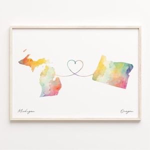 Michigan to Oregon Print, Watercolor Map Poster, Oregonian Gift, Travel Wall Art, Friendship Map, C23-1700