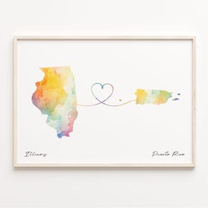 Illinois to Puerto Rico Print, Watercolor Map Poster, Puerto Rican Gift, Travel Wall Art, Moving Overseas Map, C23-1494