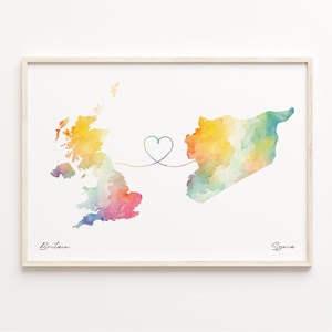 UK to Syria Print, Watercolor Map Poster, Syrian Gift, United Kingdom Wall Art, Digital Nomad Map, C23-375