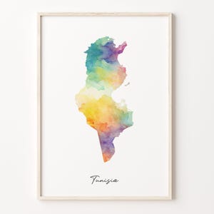 Tunesien Aquarell Karte Druck, Lebhaftes Tunesische Kunst Poster, TN Bunte Landwandkunst, Einzigartiges Reisegeschenk, C26-184