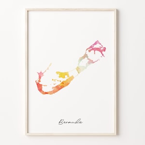 Bermuda Watercolor Map Art Print: Vibrant Island Wall Decor