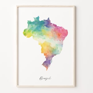 Brasilien Aquarell Karte, Brasilien Kunst Poster, Bunte Landkarte, Brasilien Karte, C26-25
