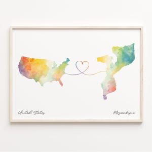 US to Mozambique Print, Watercolor Map Poster, Mozambican Gift, US Wall Art, Faraway Love Map, C23-126
