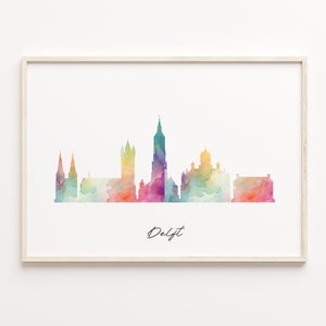 Delft Skyline Print, Watercolor Cityscape, Netherlands Wall Art Poster, Rainbow Skyline, City Poster, C29-66