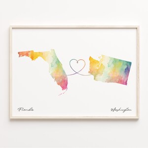 Florida naar Washington print, aquarel kaart poster, Washingtonian cadeau, reizen kunst aan de muur, LDR kaart, C23-1347