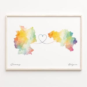 Deutschland nach Belgien Druck, Aquarell Karte Poster, Belgische Geschenk, Reise Wandkunst, grenzenlose Liebe, C23-415