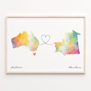 Australia to Mauritania Print, Watercolor Map Poster, Martinican Gift, Travel Wall Art, Borderless Love Map, C23-912