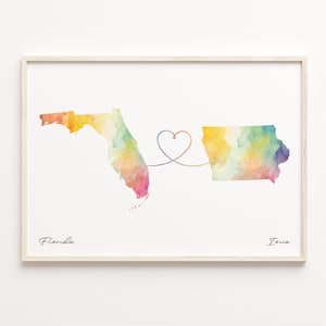 Florida Iowa Druck, Aquarell Karte Poster, Iowan Geschenk, Reisewandkunst, Länder Herzkarte, C23-1311