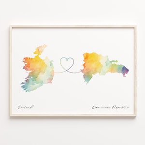 Impresión de Irlanda a República Dominicana, póster de mapa en acuarela, regalo dominicano, arte mural de viaje, expatriado, C23-1045