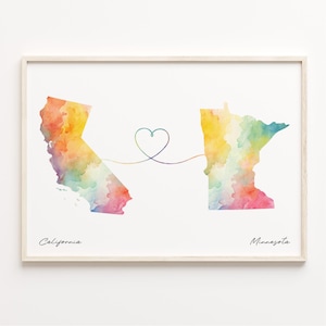 California to Minnesota Print, Watercolor Map Poster, Minnesotan Gift, Travel Wall Art, Overseas Love Map, C23-1218
