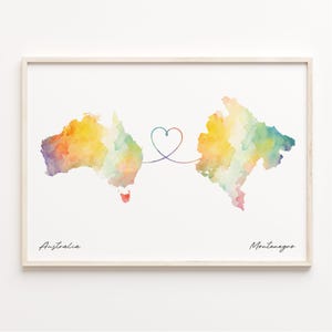 Australia to Montenegro Print, Watercolor Map Poster, Mongolian Gift, Travel Wall Art, Overseas Love, C23-919