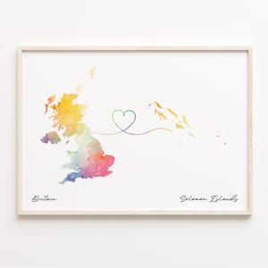 Von Großbritannien zu den Solomon-Inseln Druck, Aquarell Karte Poster, Salomon-Insel Geschenk, Großbritannien Wandkunst, Im Ausland leben Geschenk, C23-365