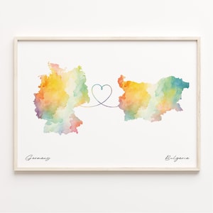 Germany to Bulgaria Print, Watercolor Map Poster, Bulgarian Gift, Travel Wall Art, Overseas Love Gift, C23-425