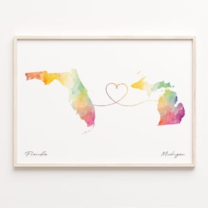 Florida naar Michigan print, aquarel kaart poster, Michigander cadeau, reizen kunst aan de muur, afscheid, C23-1321