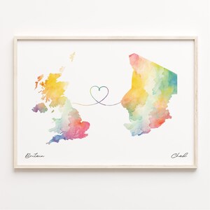 Großbritanien und Tschad Druck, Aquarell Karte Poster, Tschad Geschenk, Großbritanien Wandkunst, Neues Zuhause, C23-235