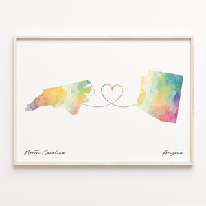 North Carolina to Arizona Print, Watercolor Map Poster, Arizonan Gift, Travel Wall Art, Overseas Love Map, C23-1614