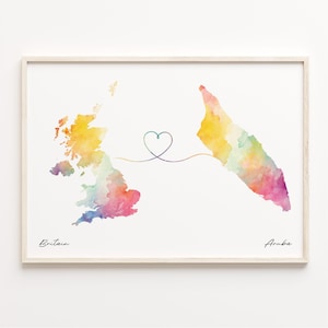 Großbritanien und Aruba Druck, Aquarell Karte Poster, Aruban Geschenk, Großbritanien Wandkunst, Bewegende Überseekarte, C23-207