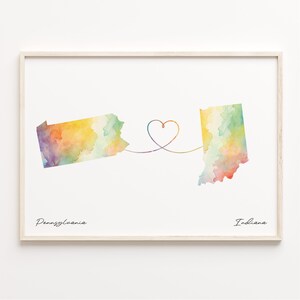 Pennsylvania Indiana Druck, Aquarell Karte Poster, Hoosier Geschenk, Reise Wandkunst, Far Apart Geschenk, C23-1418