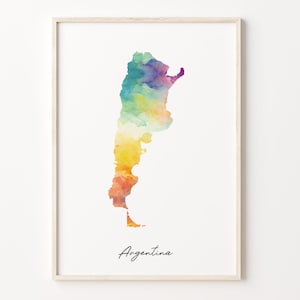 Impresión de mapa de acuarela de Argentina, cartel de arte argentino vibrante, arte de pared de país colorido AR, decoración de aventuras, C26-6