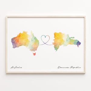 Australia to Dominican Republic Print, Watercolor Map Poster, Dominican Gift, Travel Wall Art, Relationship Gift, C23-845