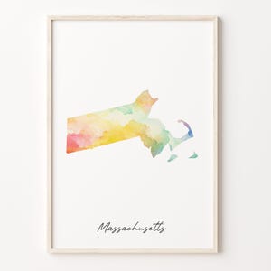 Massachusetts Watercolor Map Print, Vibrant Massachusettsan Art Poster, MA Colorful Country Wall Art, Geography Gift, C26-219